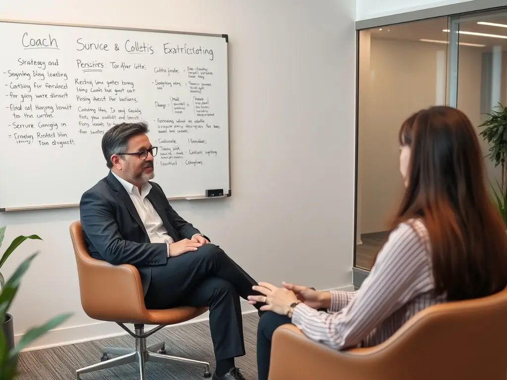 A business coach working one-on-one with a client in a modern office, providing guidance and support to achieve professional goals in a UK setting.