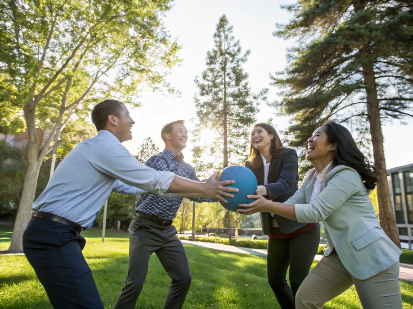 A group of colleagues participating in a team-building exercise outdoors, showcasing camaraderie and problem-solving skills.