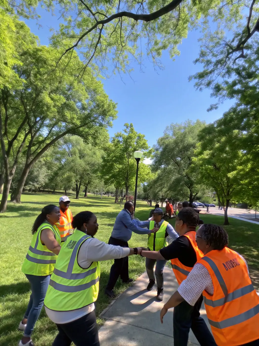 A diverse group of professionals participating in an outdoor team-building activity, fostering trust and open communication.