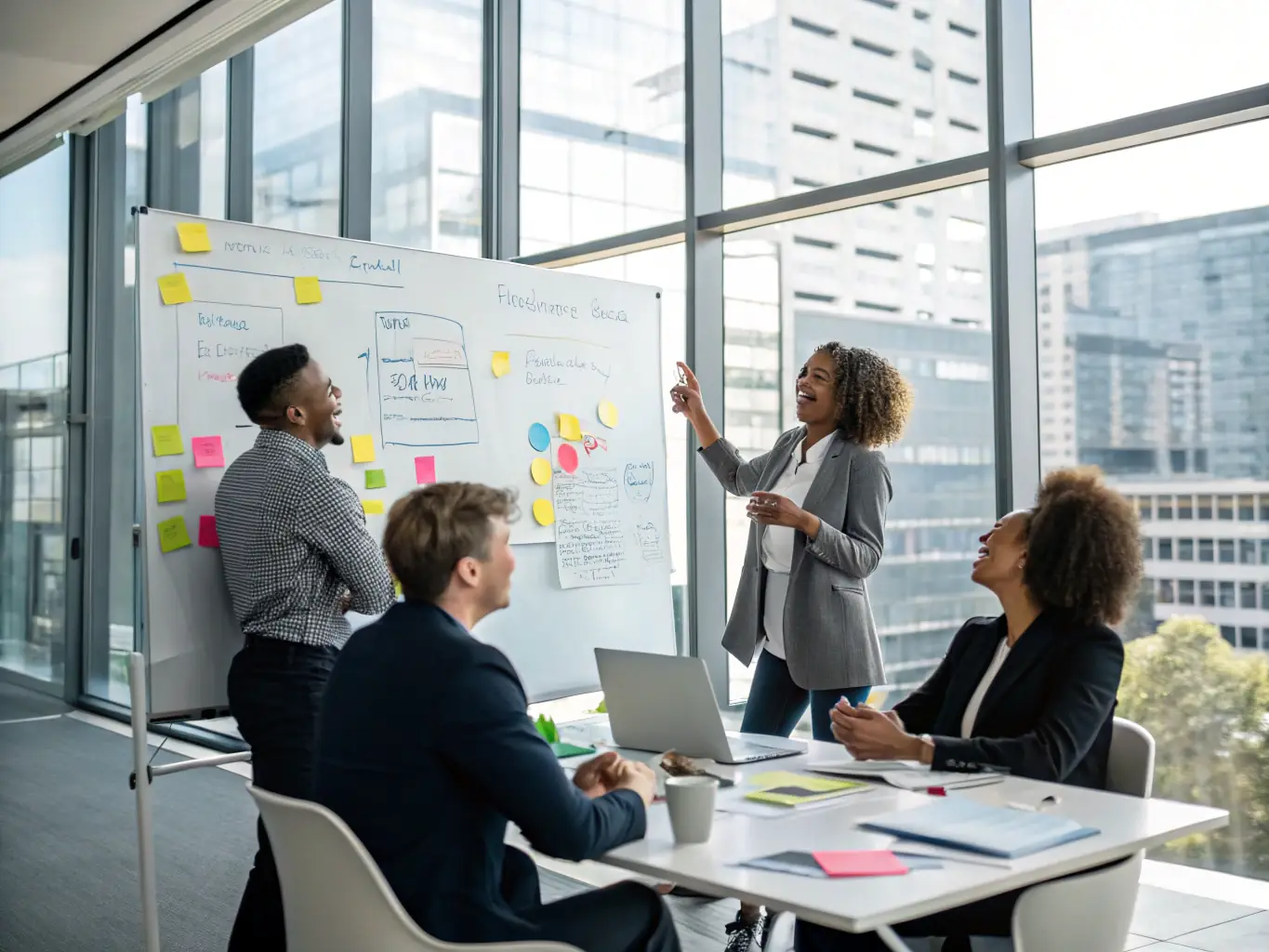 A group of business professionals engaged in a strategy session, brainstorming ideas and collaborating on a whiteboard in a modern office setting in London.