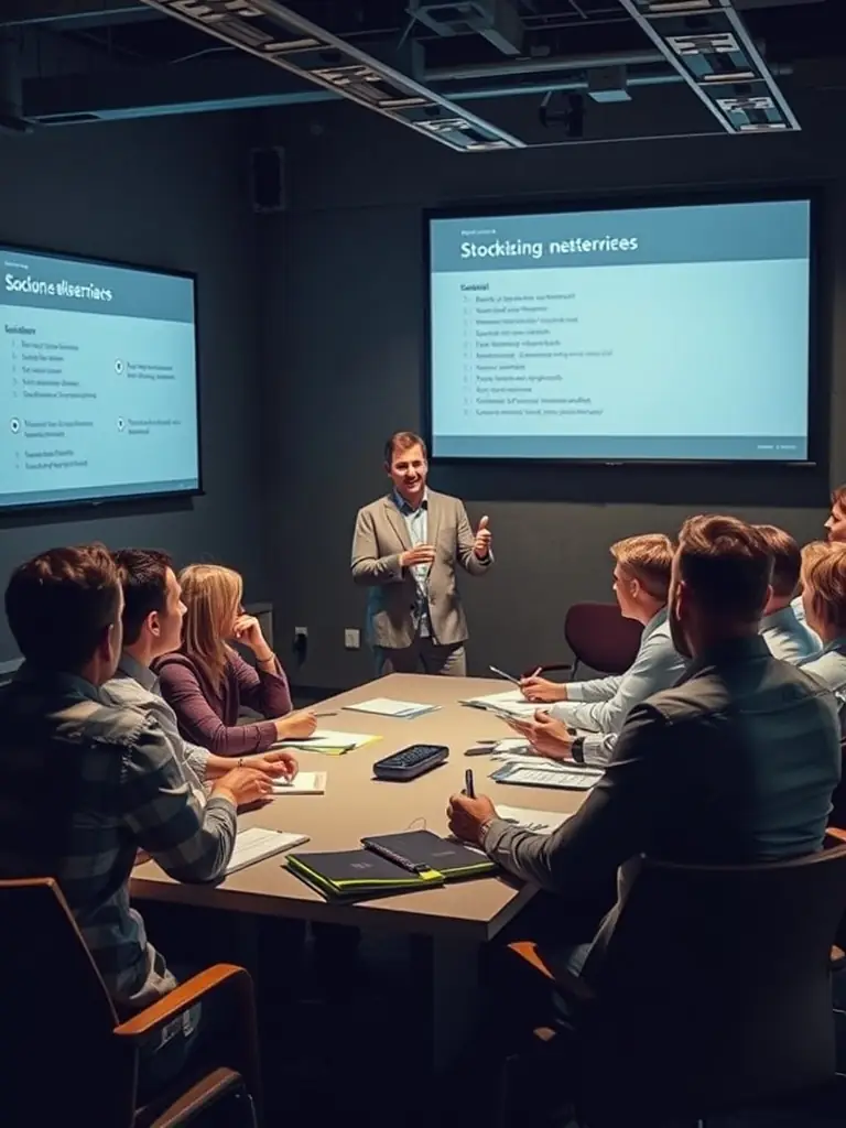 A coach facilitating a strategic discussion with a team in a modern office, focusing on problem-solving and innovative solutions.