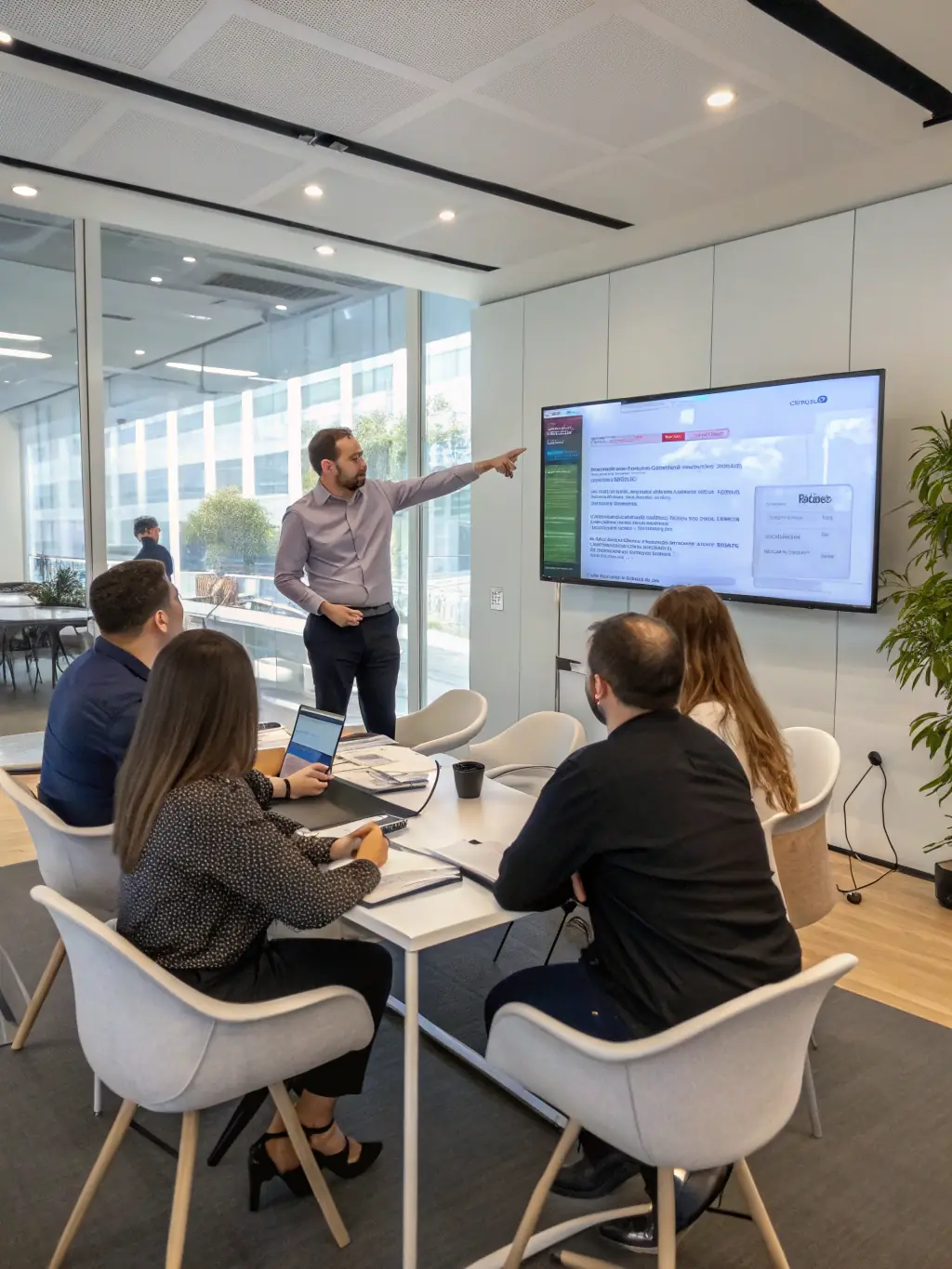 A facilitator leading a collaboration strategy session with a diverse group of professionals around a conference table, focusing on seamless cooperation.