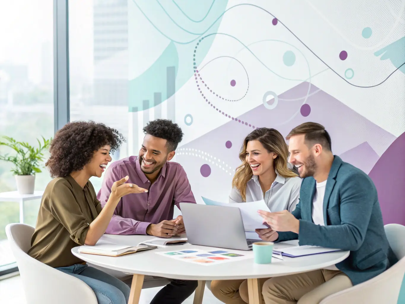 A diverse team of professionals brainstorming ideas around a table in a modern office setting, emphasizing collaboration and innovation.