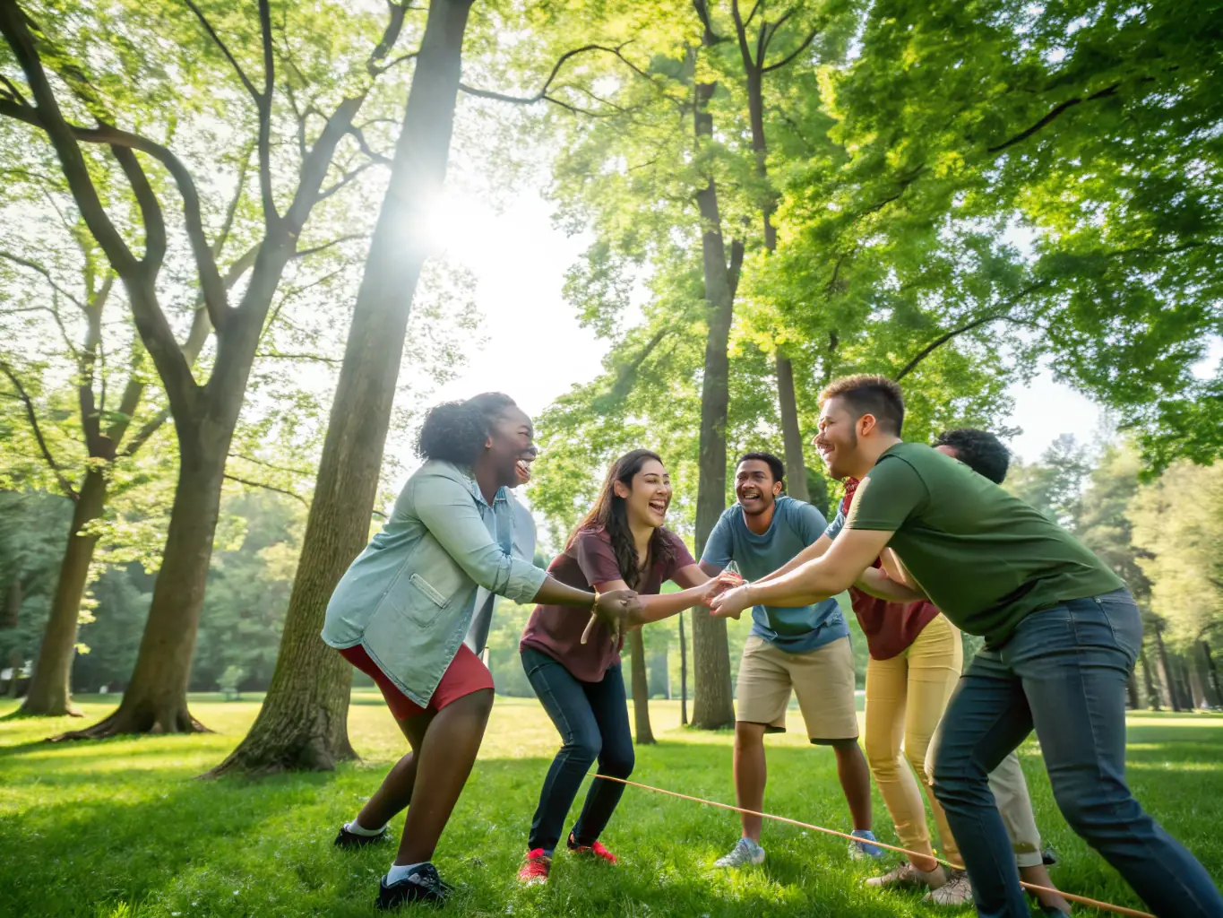 A diverse team of professionals participating in a team-building exercise outdoors, focusing on communication and problem-solving, set in a park in the UK.